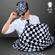 Black/White Checkered Sequin Flashing Fedora Hats with Flashing LEDs