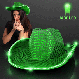 Green Sequin Cowboy Hat with Flashing Jade LED Brim