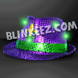 Purple MARDI GRAS Flashing Sequin Fedora Hat with Flashing JADE LEDs