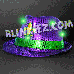 Purple MARDI GRAS Flashing Sequin Fedora Hat with Flashing JADE LEDs