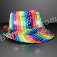 Rainbow Sequin Flashing Fedora Hats with White Flashing LEDs