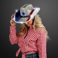 RED WHITE & BLUE Cowboy Hat with Flashing White LED Brim