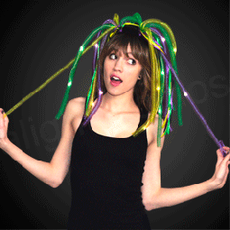 Purple Mardi Gras Flashing Noodle Headband w/ LEDs & Mardi Gras Color Ribbons