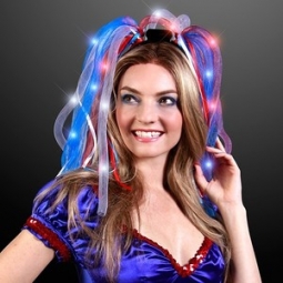 4th Of July Flashing Noodle Headband w/ Red White & Blue LEDs & Ribbons