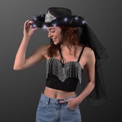 BLACK Light Up Cowgirl Hat With Removable Veil