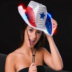 RED WHITE & BLUE Cowboy Hat with Flashing Red White Blue LED Brim
