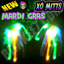 Mardi Gras Flashing LED XO Mitts - Green-Blue-Orange LEDs