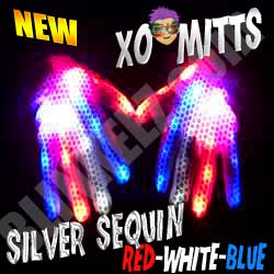 XO Mitts LED GLOVES - SILVER SEQUIN RED-WHITE-BLUE LEDs